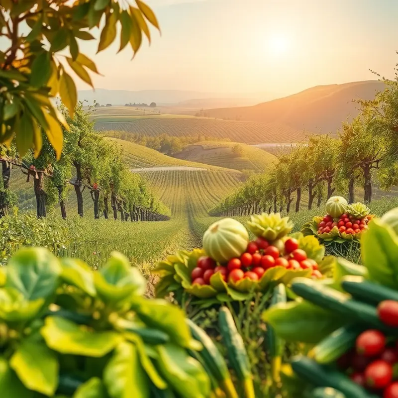 A serene sunlit field abundant with fresh organic produce.