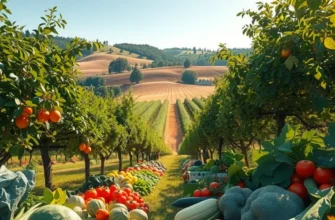 A scenic landscape featuring a vibrant field filled with fresh fruits and vegetables, showcasing the beauty of organic farming.