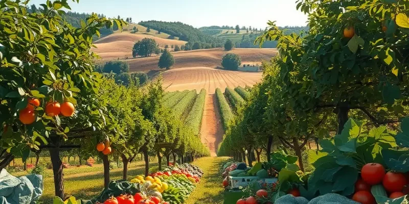 A scenic landscape featuring a vibrant field filled with fresh fruits and vegetables, showcasing the beauty of organic farming.
