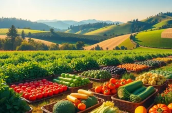 A photorealistic landscape of a sun-drenched field filled with fresh vegetables and fruits, representing health.