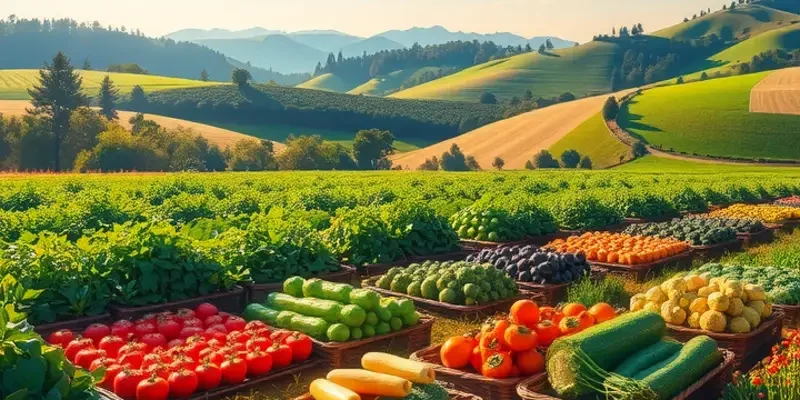 A photorealistic landscape of a sun-drenched field filled with fresh vegetables and fruits, representing health.