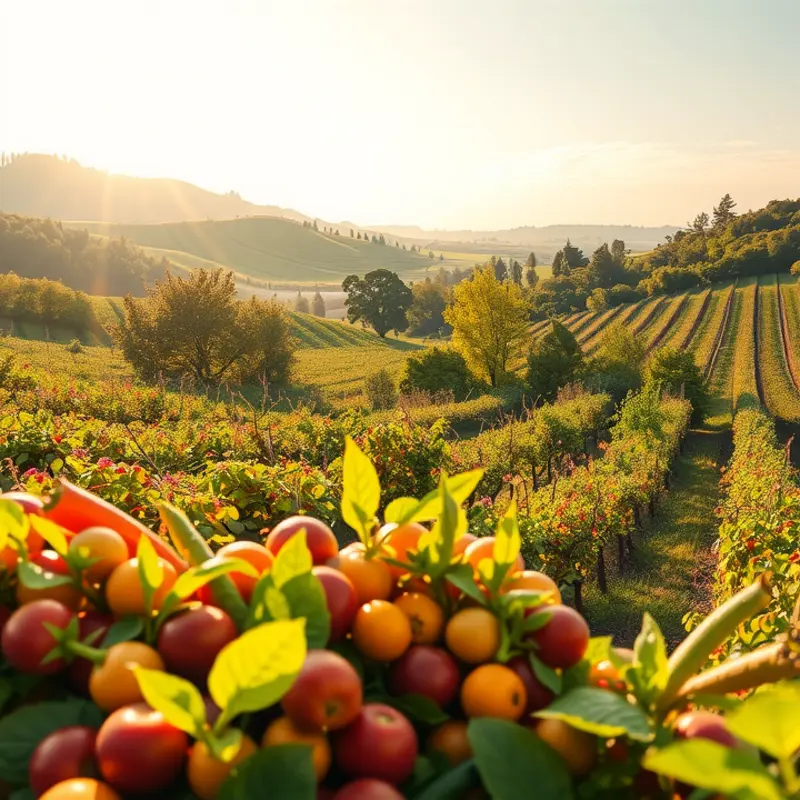 A sunlit field showcasing vibrant fruits and vegetables, symbolizing nutrition.