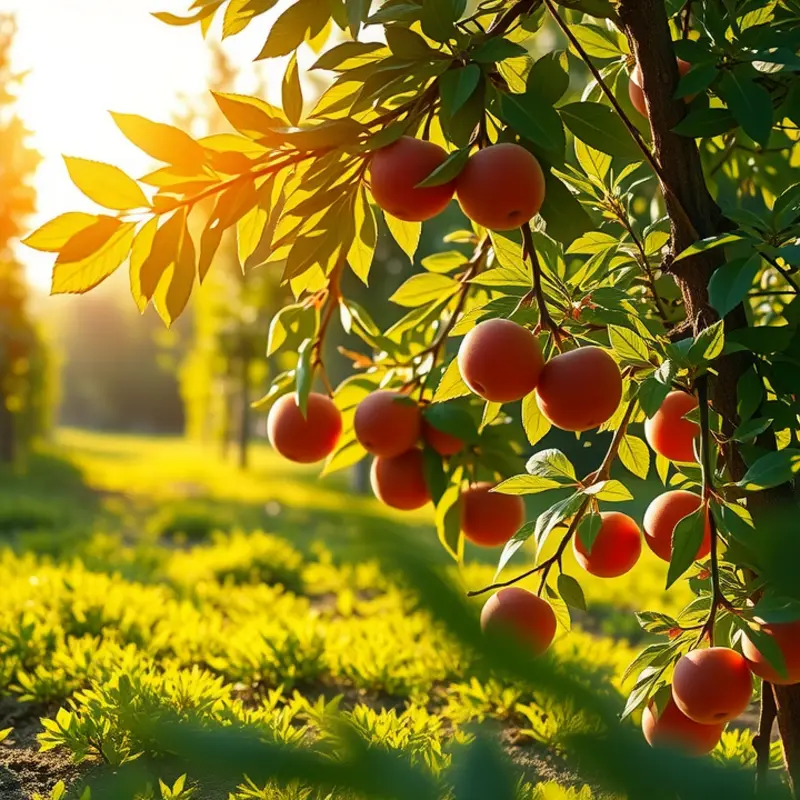 A sunlit orchard showcasing the abundance of healthy fruits in a natural setting.