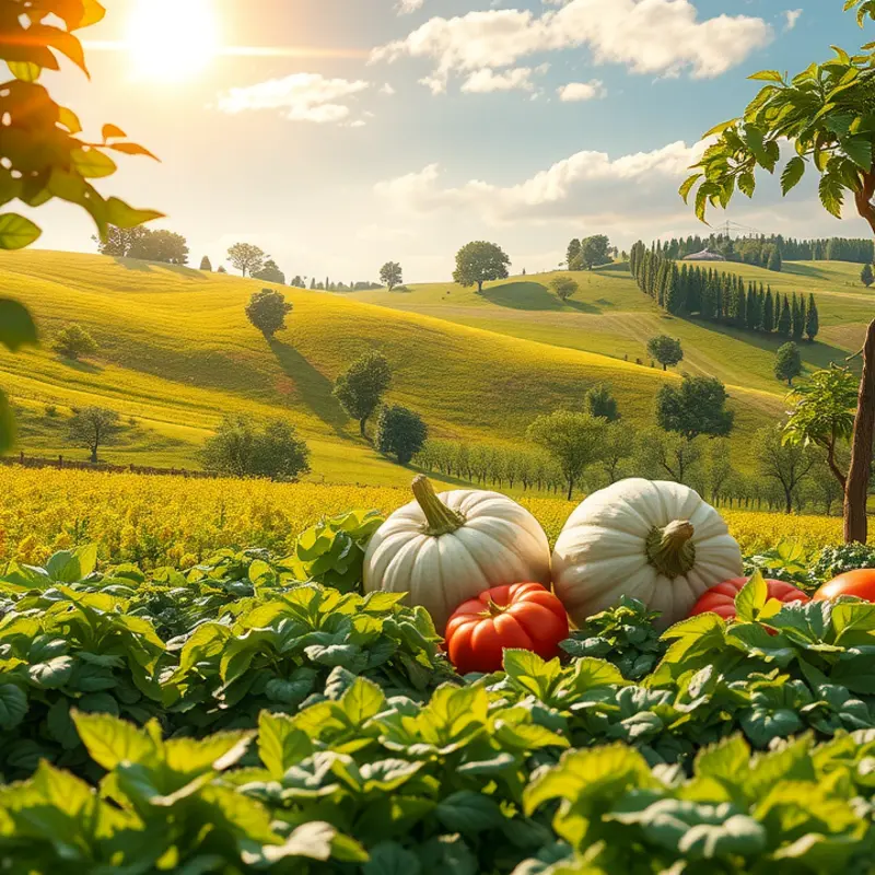 A sunlit orchard filled with bright fruits and vegetables highlighting nature’s colors.