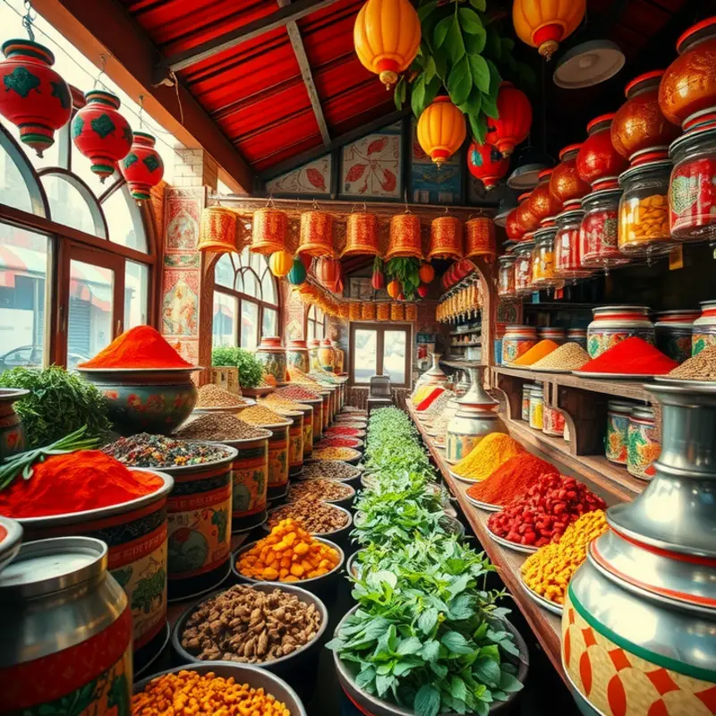 A lively Indian spice market showcasing colorful spices and ingredients.
