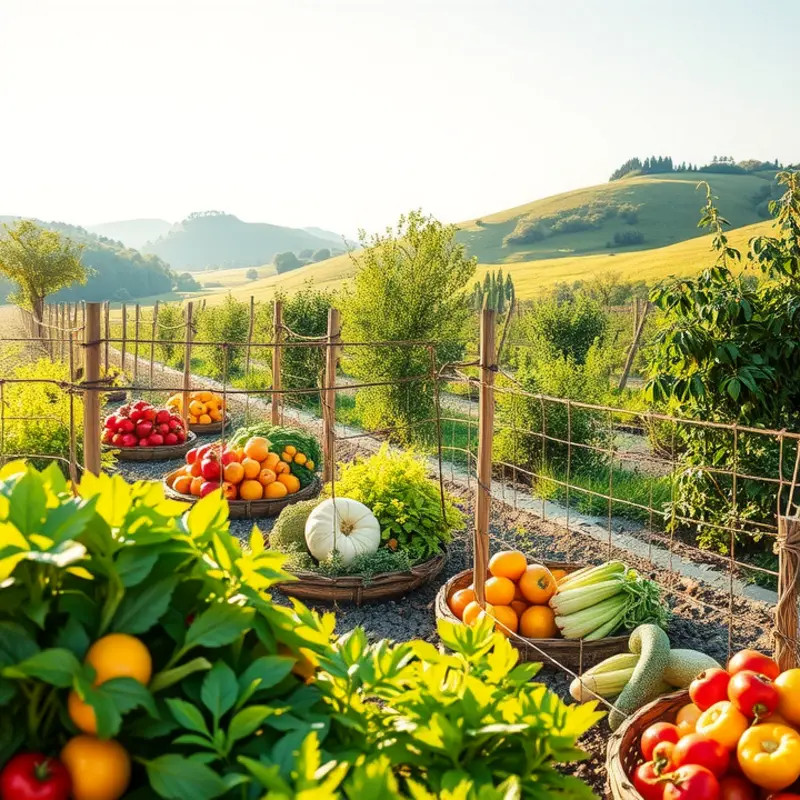 A sunlit field showcasing vibrant vegetables and fruits in a picturesque setting.