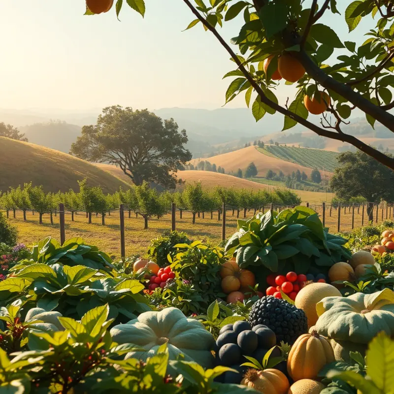 A serene field showcasing vibrant fruits and vegetables, emphasizing the beauty of natural produce.