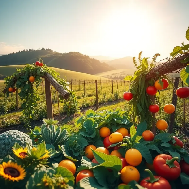A sunlit orchard filled with vibrant organic vegetables.