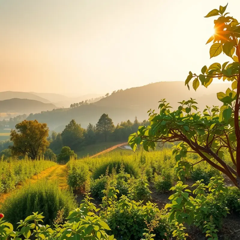 A sunlit field bursting with vibrant vegetables and fruits.