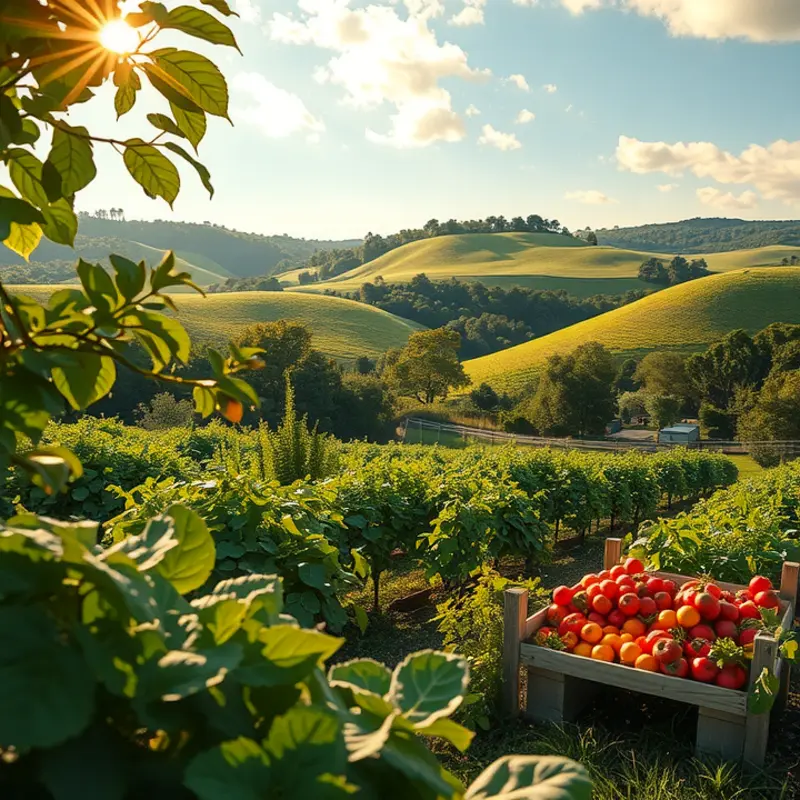 A serene landscape of a sunlit field, abundant with organic produce.
