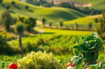 A tranquil landscape featuring a sunlit field, filled with lush fruits and vegetables, illustrating the essence of healthy nutrition.