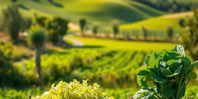 A tranquil landscape featuring a sunlit field, filled with lush fruits and vegetables, illustrating the essence of healthy nutrition.