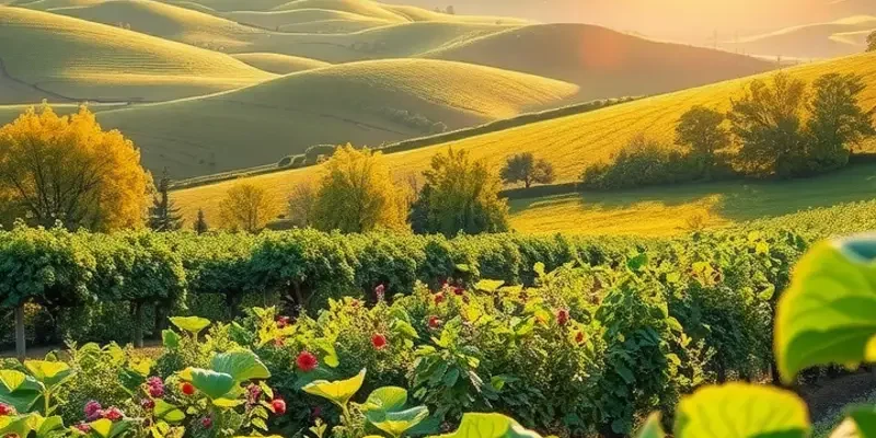 A vibrant landscape displaying an orchard and crops, symbolizing healthy nutrition.