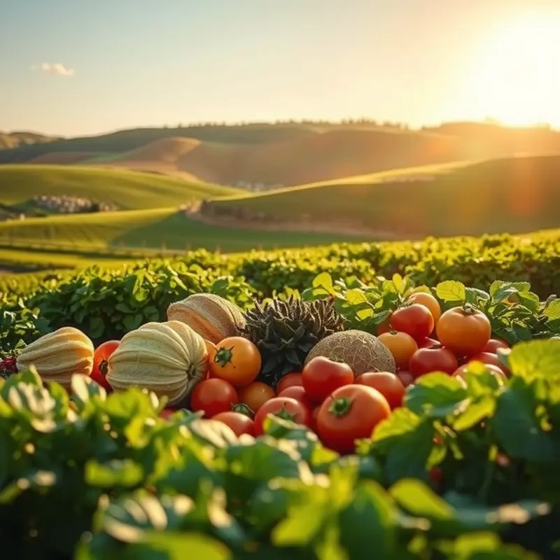 A vibrant, sunlit garden showcasing fresh organic produce.