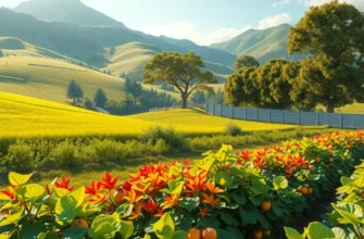 A colorful orchard bursting with a variety of fresh fruits and vegetables under bright sunlight.