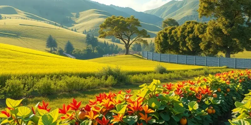 A colorful orchard bursting with a variety of fresh fruits and vegetables under bright sunlight.