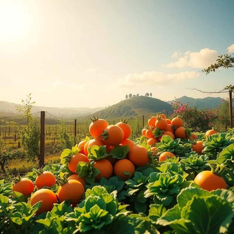 A thriving field full of organic fruits and vegetables under a bright sun.