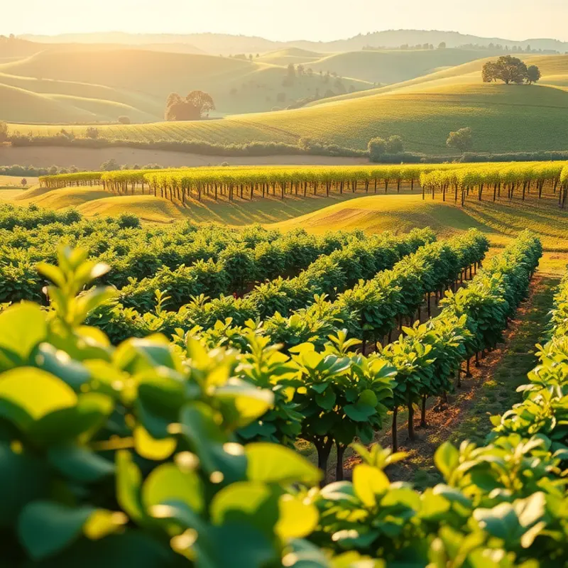 A sunlit orchard showcasing vibrant vegetables and fruits amidst lush greenery.