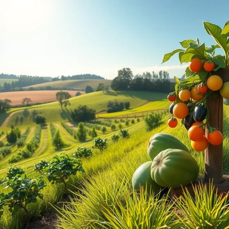 A sunlit field showcasing vibrant vegetables and fruits, reflecting abundance and fresh organic produce.