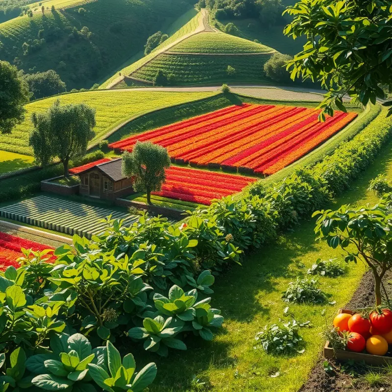 A sunlit field showcasing vibrant organic vegetables and fruits.