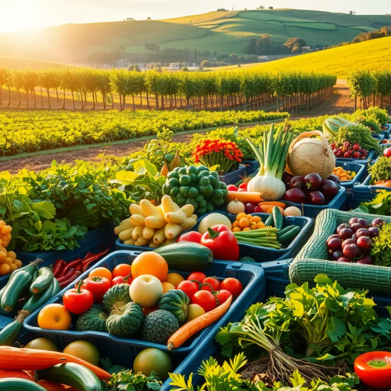A scenic view of a lush field with colorful fruits and vegetables ready for harvest.