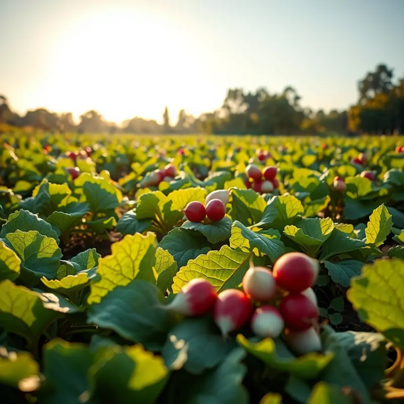 A vibrant field showcasing the nutritional potential of radishes among other organic vegetables.