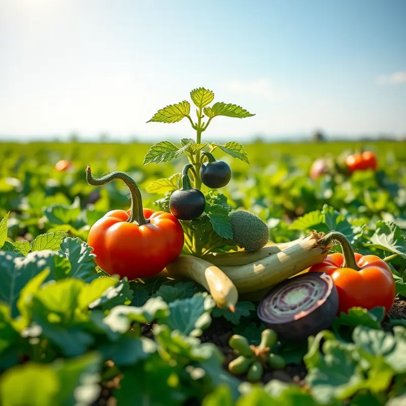 A sunlit field filled with vibrant, fresh vegetables and fruits.