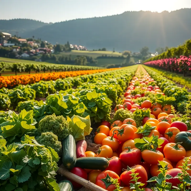 A field of vibrant vegetables and fruits under soft sunlight, symbolizing fresh meal ingredients.