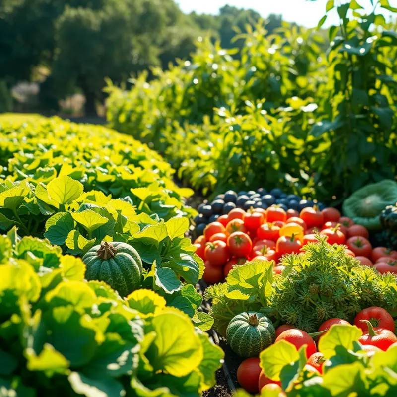 A vibrant field of fresh vegetables and fruits under sunlight.