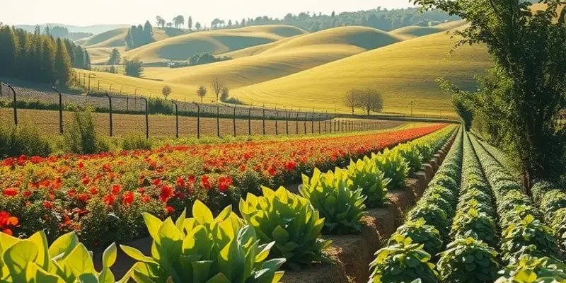 A sunlit vegetable garden bursting with color and freshness.