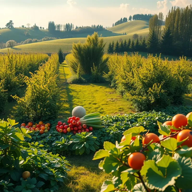 A beautiful orchard showcasing fresh vegetables and fruits in a sunlit landscape.