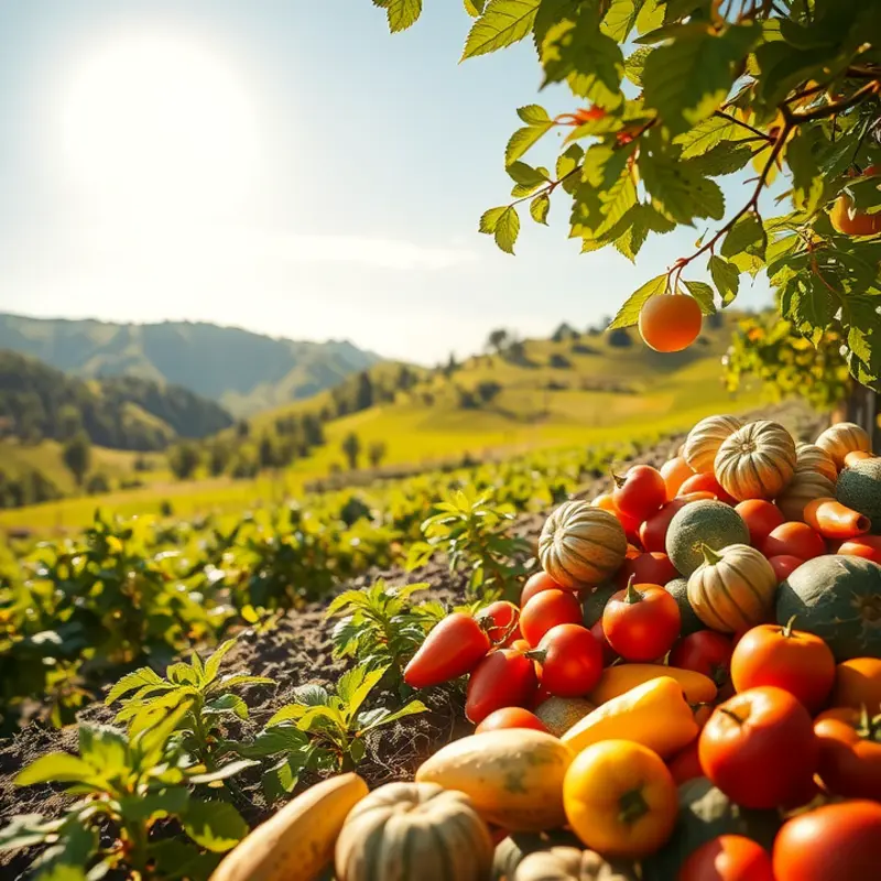 A lush, sunlit field of vibrant organic vegetables and fruits.