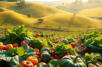 A lush landscape featuring a variety of vibrant fruits and vegetables in a natural setting.