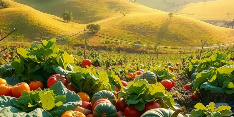A lush landscape featuring a variety of vibrant fruits and vegetables in a natural setting.