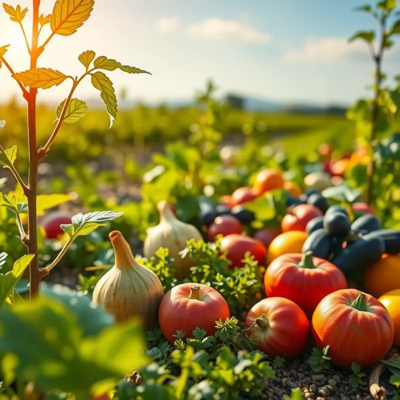 A sunlit field filled with vibrant vegetables and fruits, signifying fresh produce for healthy meals.