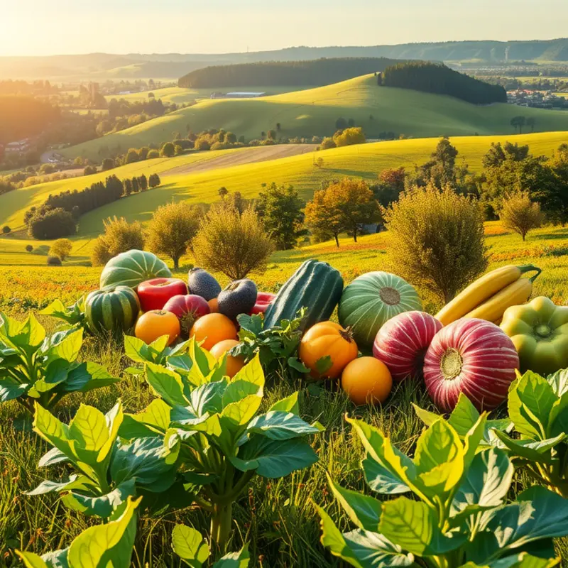 A vibrant landscape depicting an abundance of fresh fruits and vegetables in a sunlit field.
