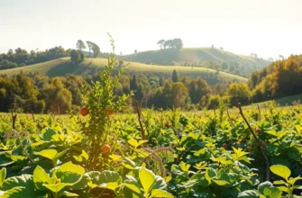 A scenic landscape displaying vibrant fruits and vegetables growing amid lush greenery, emphasizing the theme of healthy eating.