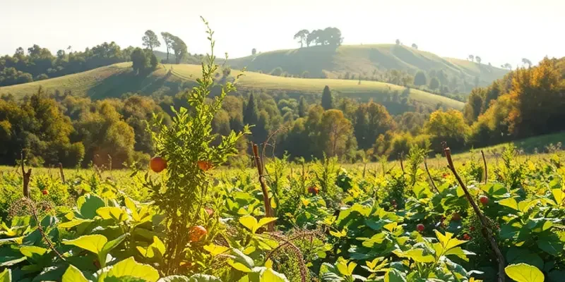 A scenic landscape displaying vibrant fruits and vegetables growing amid lush greenery, emphasizing the theme of healthy eating.