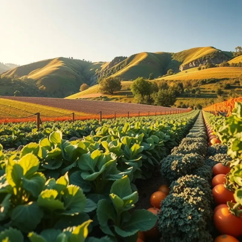A sunlit field showcasing vibrant fruits and vegetables emphasizing the abundance of nature.