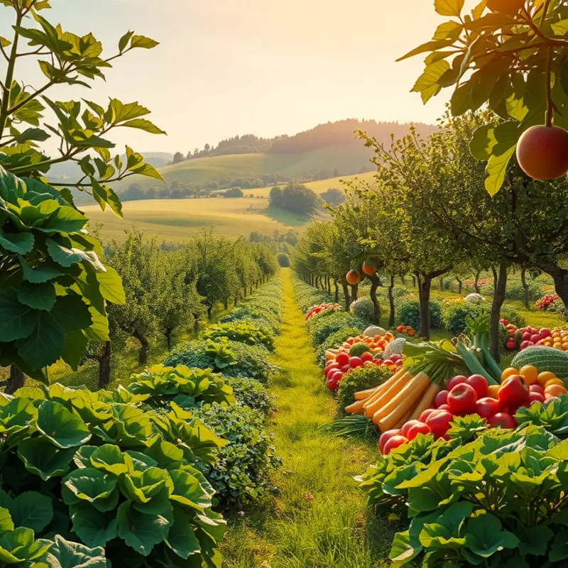A sunlit field showcasing vibrant fruits and vegetables emphasizing the abundance of nature.
