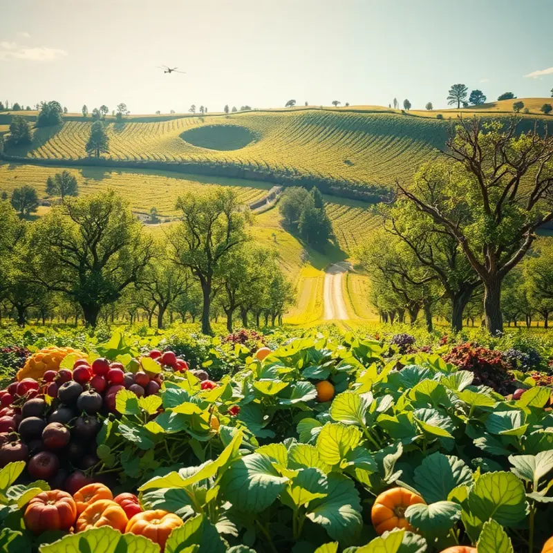 A sunlit field of vibrant seasonal vegetables and fruits.