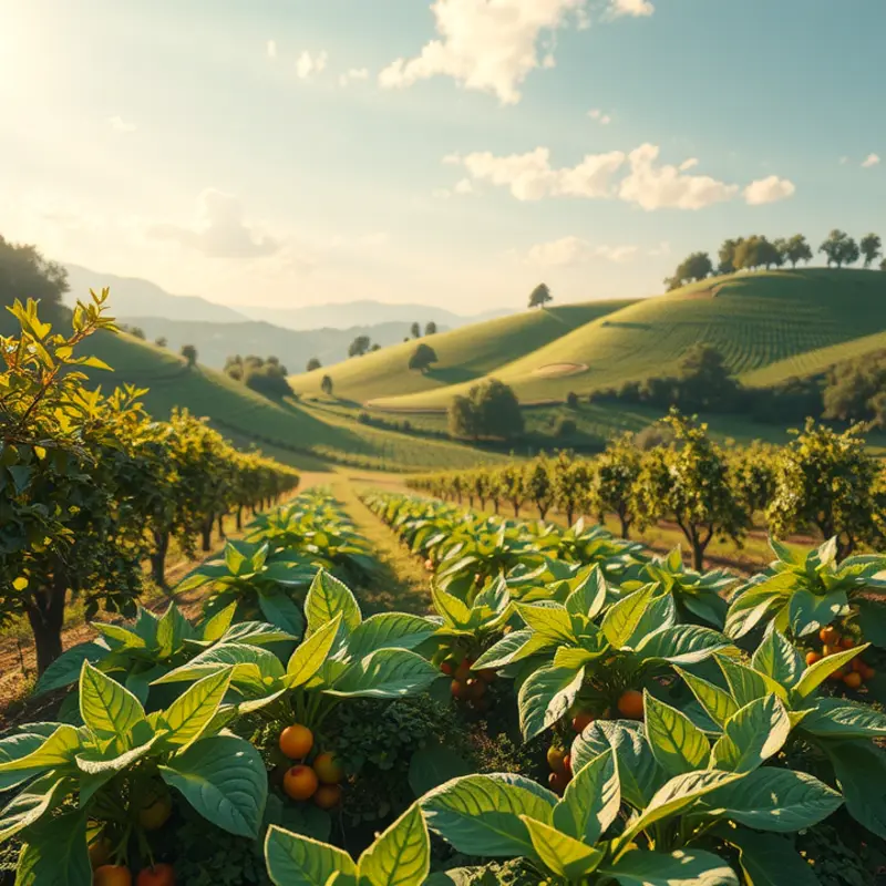 A sunlit field where vibrant fruits and vegetables grow naturally, illustrating the abundance of whole foods.