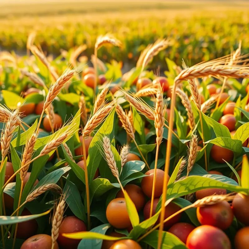 A vibrant field with an array of whole grains and fresh produce showcasing nature’s abundance.