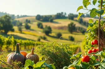 A sunlit landscape filled with vibrant organic vegetables and fruits in harmony with nature.