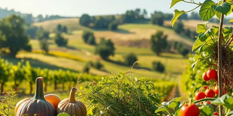 A sunlit landscape filled with vibrant organic vegetables and fruits in harmony with nature.