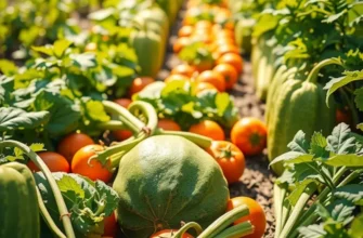 A panoramic view of a sunlit field with lush greenery, showcasing a variety of fruits and vegetables, symbolizing healthy nutrition.