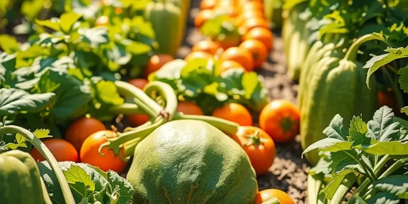 A panoramic view of a sunlit field with lush greenery, showcasing a variety of fruits and vegetables, symbolizing healthy nutrition.