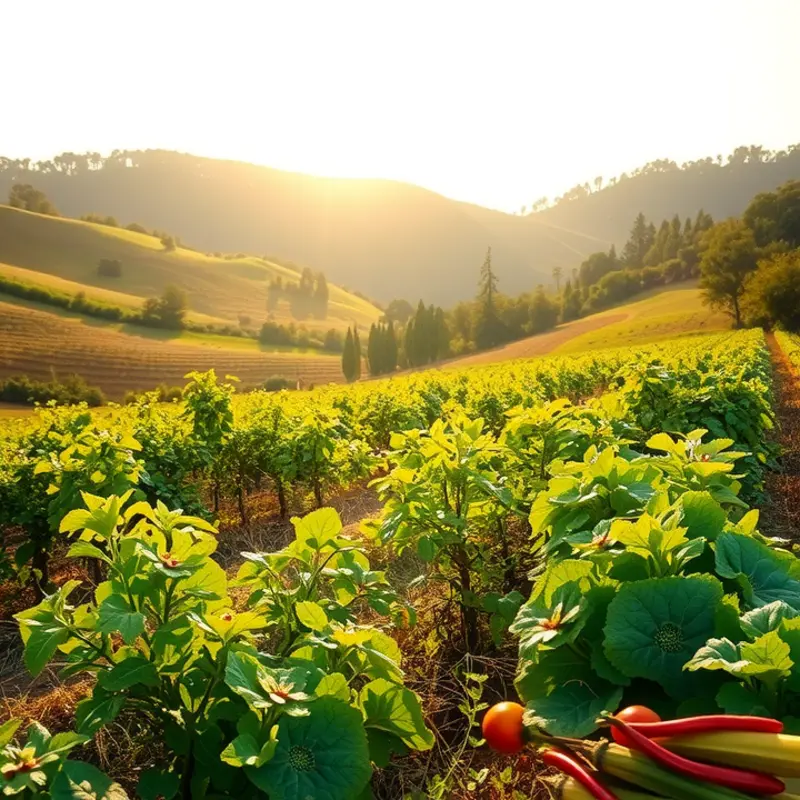 A sunlit field filled with vibrant fruits and vegetables, symbolizing nourishment and abundance.