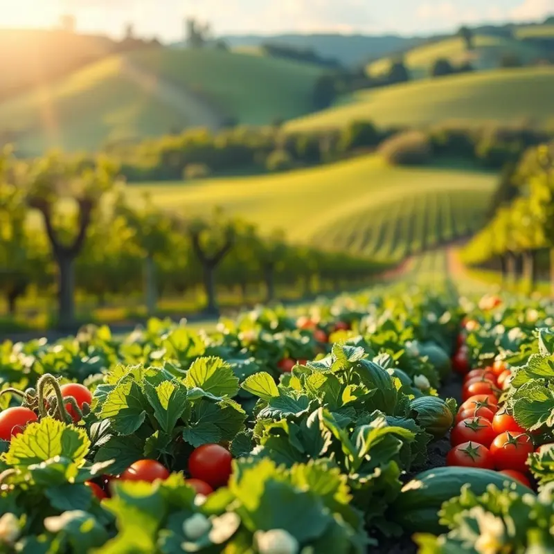 A vibrant sunlit field showcasing a variety of fresh organic produce under warm sunlight.