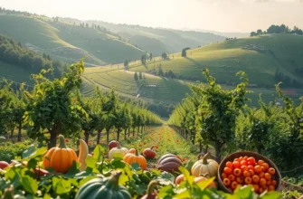 A scenic view of an organic field abundant with vegetables and fruits, showcasing nature's beauty.